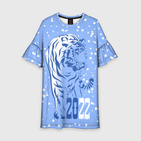 Детское платье 3D с принтом Голубой водяной тигр в Белгороде, 100% полиэстер | прямой силуэт, чуть расширенный к низу. Круглая горловина, на рукавах — воланы | 2022 | beast | blue water tiger | is coming | new year | predator | strength and tranquility | year of the tiger | год тигра | зверь | зима | идет | новый год | сила и спокойствие | снег | хищник