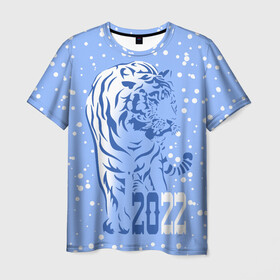Мужская футболка 3D с принтом Голубой водяной тигр в Белгороде, 100% полиэфир | прямой крой, круглый вырез горловины, длина до линии бедер | 2022 | beast | blue water tiger | is coming | new year | predator | strength and tranquility | year of the tiger | год тигра | зверь | зима | идет | новый год | сила и спокойствие | снег | хищник