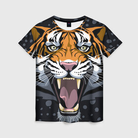 Женская футболка 3D с принтом Амурский тигр в ночи в Белгороде, 100% полиэфир ( синтетическое хлопкоподобное полотно) | прямой крой, круглый вырез горловины, длина до линии бедер | 2022 | aggression | amur tiger | beast | grin | new year | night | open mouth | predator | snowfall | winter | year of the tiger | агрессия | амурский тигр | год тигра | зверь | зима | новый год | ночь | оскал | открытая пасть | снегопад | хищник