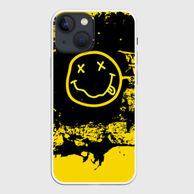 Чехол для iPhone 13 mini с принтом Нирвана Гранж | Nirvana Smile в Белгороде,  |  | album | curt | grunge | kobain | logo | music | nevermind | nirvana | rock | smells like | smile | teen spirit | альбом | брызги | гитара | гранж | курт кобейн | логотип | музыка | невермайнд | нирвана | потертости | рок | смайл | стикер