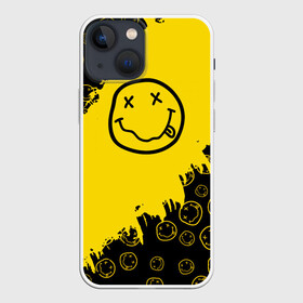 Чехол для iPhone 13 mini с принтом Nirvana Smile | Нирвана Рваный Паттерн в Белгороде,  |  | album | curt | grunge | kobain | logo | music | nevermind | nirvana | pattern | rock | smells like | smile | teen spirit | альбом | брызги | гитара | гранж | курт кобейн | логотип | музыка | невермайнд | нирвана | паттерн | потертости | рок | сма