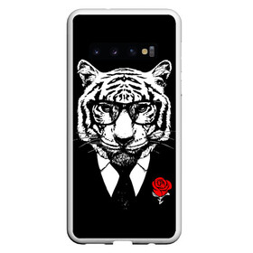 Чехол для Samsung Galaxy S10 с принтом Тигр с красной розой в Белгороде, Силикон | Область печати: задняя сторона чехла, без боковых панелей | 2022 | authority | black suit | godfather | holiday | mafia | new year | red rose | year of the tiger | авторитет | год тигра | красная роза | крестный отец | мафия | новый год | праздник | тигр в очках | черный костюм