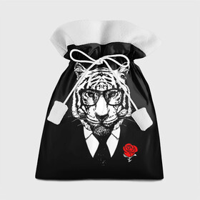 Подарочный 3D мешок с принтом Тигр с красной розой в Белгороде, 100% полиэстер | Размер: 29*39 см | 2022 | authority | black suit | godfather | holiday | mafia | new year | red rose | year of the tiger | авторитет | год тигра | красная роза | крестный отец | мафия | новый год | праздник | тигр в очках | черный костюм
