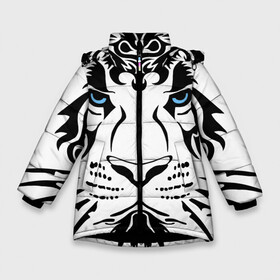 Зимняя куртка для девочек 3D с принтом Водяной голубоглазый тигр в Белгороде, ткань верха — 100% полиэстер; подклад — 100% полиэстер, утеплитель — 100% полиэстер. | длина ниже бедра, удлиненная спинка, воротник стойка и отстегивающийся капюшон. Есть боковые карманы с листочкой на кнопках, утяжки по низу изделия и внутренний карман на молнии. 

Предусмотрены светоотражающий принт на спинке, радужный светоотражающий элемент на пуллере молнии и на резинке для утяжки. | 2022 | blue eyes | new year | ornament | pattern | predator | strength and tranquility | water tiger | year of the tiger | водяной тигр | год тигра | голубые глаза | новый год | орнамент | сила и спокойствие | узор | хищник