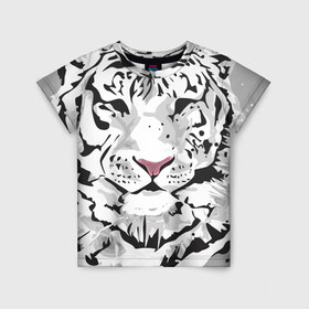 Детская футболка 3D с принтом Белый снежный тигр в Белгороде, 100% гипоаллергенный полиэфир | прямой крой, круглый вырез горловины, длина до линии бедер, чуть спущенное плечо, ткань немного тянется | 2022 | art | beast | new year | predator | splashes and drops | white tiger | year of the tiger | белый тигр | брызги и капли | год тигра | зверь | искусство | новый год | хищник