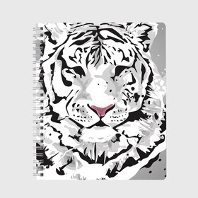 Тетрадь с принтом Белый снежный тигр в Белгороде, 100% бумага | 48 листов, плотность листов — 60 г/м2, плотность картонной обложки — 250 г/м2. Листы скреплены сбоку удобной пружинной спиралью. Уголки страниц и обложки скругленные. Цвет линий — светло-серый
 | Тематика изображения на принте: 2022 | art | beast | new year | predator | splashes and drops | white tiger | year of the tiger | белый тигр | брызги и капли | год тигра | зверь | искусство | новый год | хищник
