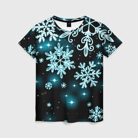 Женская футболка 3D с принтом Космические снежинки в Белгороде, 100% полиэфир ( синтетическое хлопкоподобное полотно) | прямой крой, круглый вырез горловины, длина до линии бедер | christmas | happy new year | merry christmas | neon | new year | snow | snowflakes | winter | декабрь | звезды | зима | зимний орнамент | зимний узор | зимняя ночь | неоновый | новогодний принт | новогодняя ночь | новый год | ночь | подарок