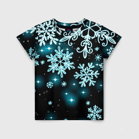 Детская футболка 3D с принтом Космические снежинки в Белгороде, 100% гипоаллергенный полиэфир | прямой крой, круглый вырез горловины, длина до линии бедер, чуть спущенное плечо, ткань немного тянется | Тематика изображения на принте: christmas | happy new year | merry christmas | neon | new year | snow | snowflakes | winter | декабрь | звезды | зима | зимний орнамент | зимний узор | зимняя ночь | неоновый | новогодний принт | новогодняя ночь | новый год | ночь | подарок