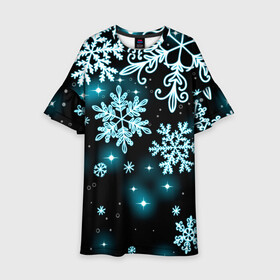 Детское платье 3D с принтом Космические снежинки в Белгороде, 100% полиэстер | прямой силуэт, чуть расширенный к низу. Круглая горловина, на рукавах — воланы | christmas | happy new year | merry christmas | neon | new year | snow | snowflakes | winter | декабрь | звезды | зима | зимний орнамент | зимний узор | зимняя ночь | неоновый | новогодний принт | новогодняя ночь | новый год | ночь | подарок