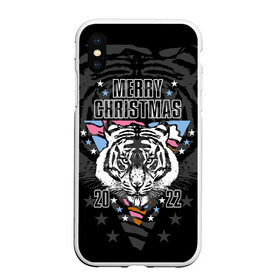 Чехол для iPhone XS Max матовый с принтом Merry Christmas 2022 в Белгороде, Силикон | Область печати: задняя сторона чехла, без боковых панелей | 2022 | beast | merry christmas | new year | predator | stars | stern look | white tiger | year of the tiger | белый тигр | год тигра | звезды | зверь | новый год | суровый взгляд | хищник