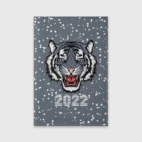 Обложка для паспорта матовая кожа с принтом Водяной тигр 2022 в Белгороде, натуральная матовая кожа | размер 19,3 х 13,7 см; прозрачные пластиковые крепления | 2022 | beast | fangs | merry christmas | new year | predator | snow | stars | stern grin | water tiger | winter | year of the tiger | водяной тигр | год тигра | звезды | зверь | зима | клыки | новый год | снег | суровый оскал | хищник