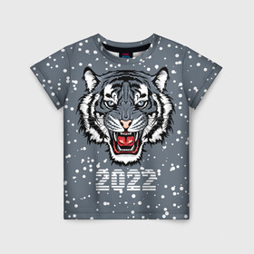 Детская футболка 3D с принтом Водяной тигр 2022 в Белгороде, 100% гипоаллергенный полиэфир | прямой крой, круглый вырез горловины, длина до линии бедер, чуть спущенное плечо, ткань немного тянется | Тематика изображения на принте: 2022 | beast | fangs | merry christmas | new year | predator | snow | stars | stern grin | water tiger | winter | year of the tiger | водяной тигр | год тигра | звезды | зверь | зима | клыки | новый год | снег | суровый оскал | хищник