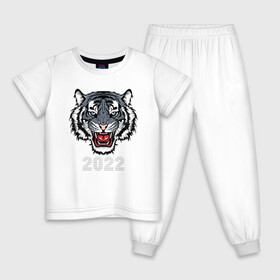 Детская пижама хлопок с принтом Голубой водяной тигр 2022 в Белгороде, 100% хлопок |  брюки и футболка прямого кроя, без карманов, на брюках мягкая резинка на поясе и по низу штанин
 | Тематика изображения на принте: 2022 | beast | fangs | merry christmas | new year | predator | stars | stern grin | water tiger | year of the tiger | водяной тигр | год тигра | звезды | зверь | клыки | новый год | суровый оскал | хищник