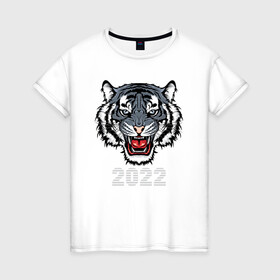 Женская футболка хлопок с принтом Голубой водяной тигр 2022 в Белгороде, 100% хлопок | прямой крой, круглый вырез горловины, длина до линии бедер, слегка спущенное плечо | 2022 | beast | fangs | merry christmas | new year | predator | stars | stern grin | water tiger | year of the tiger | водяной тигр | год тигра | звезды | зверь | клыки | новый год | суровый оскал | хищник