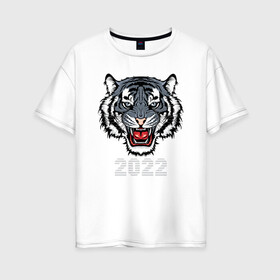 Женская футболка хлопок Oversize с принтом Голубой водяной тигр 2022 в Белгороде, 100% хлопок | свободный крой, круглый ворот, спущенный рукав, длина до линии бедер
 | 2022 | beast | fangs | merry christmas | new year | predator | stars | stern grin | water tiger | year of the tiger | водяной тигр | год тигра | звезды | зверь | клыки | новый год | суровый оскал | хищник