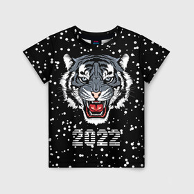 Детская футболка 3D с принтом Черный водяной тигр 2022 в Белгороде, 100% гипоаллергенный полиэфир | прямой крой, круглый вырез горловины, длина до линии бедер, чуть спущенное плечо, ткань немного тянется | Тематика изображения на принте: 2022 | beast | black water tiger | fangs | merry christmas | new year | predator | snow | stern grin | winter | year of the tiger | год тигра | зверь | зима | клыки | новый год | снег | суровый оскал | хищник | черный водяной тигр