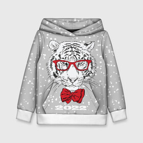 Детская толстовка 3D с принтом Белый тигр с красным бантом в Белгороде, 100% полиэстер | двухслойный капюшон со шнурком для регулировки, мягкие манжеты на рукавах и по низу толстовки, спереди карман-кенгуру с мягким внутренним слоем | 2022 | animal | fangs | merry christmas | new year | predator | red bow | severe grin | snow | white water tiger | winter | year of the tiger | белый водяной тигр | год тигра | зверь | зима | клыки | красный бант | новый год | очки | снег | суро