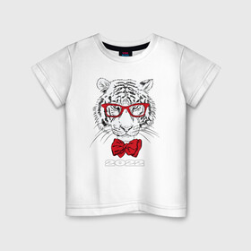 Детская футболка хлопок с принтом Белый тигр в красных очках в Белгороде, 100% хлопок | круглый вырез горловины, полуприлегающий силуэт, длина до линии бедер | 2022 | beast | bow tie | fangs | merry christmas | new year | predator | stern grin | white water tiger | year of the tiger | белый водяной тигр | галстук бабочка | год тигра | зверь | клыки | красные очки | новый год | суровый оскал | хищни