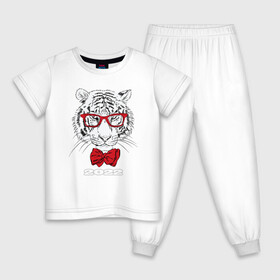 Детская пижама хлопок с принтом Белый тигр в красных очках в Белгороде, 100% хлопок |  брюки и футболка прямого кроя, без карманов, на брюках мягкая резинка на поясе и по низу штанин
 | 2022 | beast | bow tie | fangs | merry christmas | new year | predator | stern grin | white water tiger | year of the tiger | белый водяной тигр | галстук бабочка | год тигра | зверь | клыки | красные очки | новый год | суровый оскал | хищни