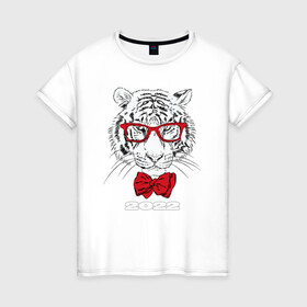Женская футболка хлопок с принтом Белый тигр в красных очках в Белгороде, 100% хлопок | прямой крой, круглый вырез горловины, длина до линии бедер, слегка спущенное плечо | Тематика изображения на принте: 2022 | beast | bow tie | fangs | merry christmas | new year | predator | stern grin | white water tiger | year of the tiger | белый водяной тигр | галстук бабочка | год тигра | зверь | клыки | красные очки | новый год | суровый оскал | хищни