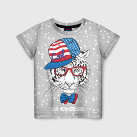 Детская футболка 3D с принтом Крутой белый тигр в Белгороде, 100% гипоаллергенный полиэфир | прямой крой, круглый вырез горловины, длина до линии бедер, чуть спущенное плечо, ткань немного тянется | Тематика изображения на принте: 2022 | beast | bow | cap | cool | merry christmas | new year | predator | snow | tiger | usa flag | winter | year of the tiger | бант | год тигра | зверь | зима | кепка | крутой | новый год | очки | снег | тигр | флаг сша | хищник