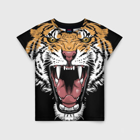 Детская футболка 3D с принтом Оскал амурского тигра в Белгороде, 100% гипоаллергенный полиэфир | прямой крой, круглый вырез горловины, длина до линии бедер, чуть спущенное плечо, ткань немного тянется | 2022 | amur tiger | beast | merry christmas | new year | open mouth | predator | stern grin | year of the tiger | амурский тигр | год тигра | зверь | новый год | открытая пасть | суровый оскал | хищник