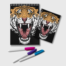 Блокнот с принтом Оскал амурского тигра в Белгороде, 100% бумага | 48 листов, плотность листов — 60 г/м2, плотность картонной обложки — 250 г/м2. Листы скреплены удобной пружинной спиралью. Цвет линий — светло-серый
 | Тематика изображения на принте: 2022 | amur tiger | beast | merry christmas | new year | open mouth | predator | stern grin | year of the tiger | амурский тигр | год тигра | зверь | новый год | открытая пасть | суровый оскал | хищник