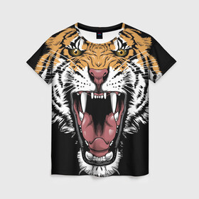 Женская футболка 3D с принтом Оскал амурского тигра в Белгороде, 100% полиэфир ( синтетическое хлопкоподобное полотно) | прямой крой, круглый вырез горловины, длина до линии бедер | 2022 | amur tiger | beast | merry christmas | new year | open mouth | predator | stern grin | year of the tiger | амурский тигр | год тигра | зверь | новый год | открытая пасть | суровый оскал | хищник