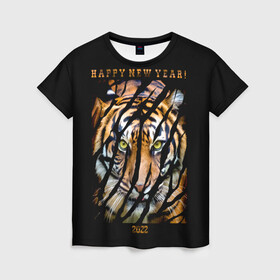 Женская футболка 3D с принтом Happy New Year 2022 в Белгороде, 100% полиэфир ( синтетическое хлопкоподобное полотно) | прямой крой, круглый вырез горловины, длина до линии бедер | 2022 | amur tiger | beast | happy new year | merry christmas | new year | predator | stern look | year of the tiger | амурский тигр | год тигра | зверь | новый год | суровый взгляд | хищник