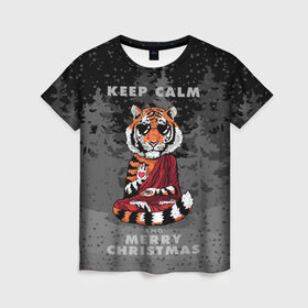 Женская футболка 3D с принтом Keep calm and Merry Christmas в Белгороде, 100% полиэфир ( синтетическое хлопкоподобное полотно) | прямой крой, круглый вырез горловины, длина до линии бедер | 2022 | beast | buddhist | heart | keep calm and merry christmas | meditation | new year | spruce forest | tiger | year of the tiger | буддист | год тигра | ельник | зверь | медитация | новый год | сердце | тигр | черные очки