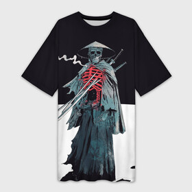 Платье-футболка 3D с принтом Скелет Самурай с трубкой на черно белом фоне в Белгороде,  |  | catana | ninja | samurai | skillet | sword | катана | киберпанк | маска самурая | меч | пират | путь война | самурай | сёгун | семь самураев | скелет | скилет | токио | чёрный самурай | японский самурай