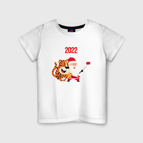 Детская футболка хлопок с принтом Санта и тигренок делают сэлфи в Белгороде, 100% хлопок | круглый вырез горловины, полуприлегающий силуэт, длина до линии бедер | Тематика изображения на принте: 2022 | год тигра | новый год | новый год 2022 | символ года | тигр | тигренок | тигрица | тигры