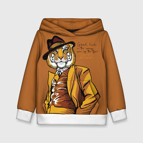 Детская толстовка 3D с принтом Good luck in the coming year of the Tiger в Белгороде, 100% полиэстер | двухслойный капюшон со шнурком для регулировки, мягкие манжеты на рукавах и по низу толстовки, спереди карман-кенгуру с мягким внутренним слоем | 2022 | gentleman | happy new year | hat | imposing | look | merry christmas | orange suit | predator | tiger | взгляд | год тигра | джентльмен | новый год | оранжевый костюм | рождество | тигр | хищник | шляпа