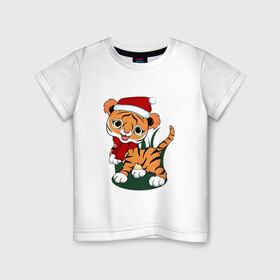 Детская футболка хлопок с принтом Зимний тигр в Белгороде, 100% хлопок | круглый вырез горловины, полуприлегающий силуэт, длина до линии бедер | Тематика изображения на принте: 2022 | год тигра | новогодний тигр | новый год | праздничный тигр | тигр | тигр в новогодней шапке | тигренок