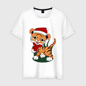 Мужская футболка хлопок с принтом Зимний тигр в Белгороде, 100% хлопок | прямой крой, круглый вырез горловины, длина до линии бедер, слегка спущенное плечо. | 2022 | год тигра | новогодний тигр | новый год | праздничный тигр | тигр | тигр в новогодней шапке | тигренок
