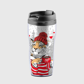 Термокружка-непроливайка с принтом Тигр с чашкой кофе в Белгороде, внутренняя часть — пищевой пластик, наружная часть — прозрачный пластик, между ними — полиграфическая вставка с рисунком | объем — 350 мл, герметичная крышка | 2022 | a cup of coffee | fir forest | happy new year | hearts | merry christmas | red hat | striped fur coat | tiger | year of the tiger | год тигра | еловый лес | красная шапка | новый год | полосатая шуба | рождество | сердца | тигр | чашка кофе