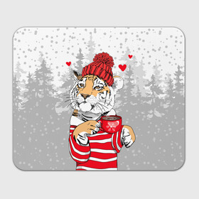 Прямоугольный коврик для мышки с принтом Тигр с чашкой кофе в Белгороде, натуральный каучук | размер 230 х 185 мм; запечатка лицевой стороны | 2022 | a cup of coffee | fir forest | happy new year | hearts | merry christmas | red hat | striped fur coat | tiger | year of the tiger | год тигра | еловый лес | красная шапка | новый год | полосатая шуба | рождество | сердца | тигр | чашка кофе