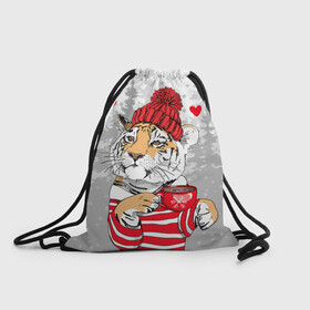 Рюкзак-мешок 3D с принтом Тигр с чашкой кофе в Белгороде, 100% полиэстер | плотность ткани — 200 г/м2, размер — 35 х 45 см; лямки — толстые шнурки, застежка на шнуровке, без карманов и подкладки | 2022 | a cup of coffee | fir forest | happy new year | hearts | merry christmas | red hat | striped fur coat | tiger | year of the tiger | год тигра | еловый лес | красная шапка | новый год | полосатая шуба | рождество | сердца | тигр | чашка кофе