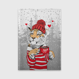 Обложка для автодокументов с принтом Тигр с чашкой кофе в Белгороде, натуральная кожа |  размер 19,9*13 см; внутри 4 больших “конверта” для документов и один маленький отдел — туда идеально встанут права | Тематика изображения на принте: 2022 | a cup of coffee | fir forest | happy new year | hearts | merry christmas | red hat | striped fur coat | tiger | year of the tiger | год тигра | еловый лес | красная шапка | новый год | полосатая шуба | рождество | сердца | тигр | чашка кофе