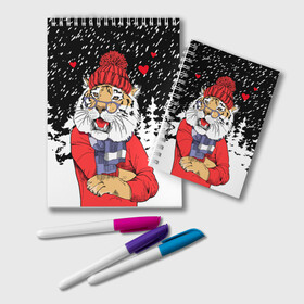 Блокнот с принтом Тигр в красном в Белгороде, 100% бумага | 48 листов, плотность листов — 60 г/м2, плотность картонной обложки — 250 г/м2. Листы скреплены удобной пружинной спиралью. Цвет линий — светло-серый
 | 2022 | fir forest | happy new year | hearts | merry christmas | red hat | santa claus | scarf | snow | tiger | year of the tiger | год тигра | еловый лес | красная шапка | новый год | очки | рождество | санта клаус | сердца | снег | тигр | шарф