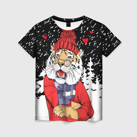 Женская футболка 3D с принтом Тигр в красном в Белгороде, 100% полиэфир ( синтетическое хлопкоподобное полотно) | прямой крой, круглый вырез горловины, длина до линии бедер | 2022 | fir forest | happy new year | hearts | merry christmas | red hat | santa claus | scarf | snow | tiger | year of the tiger | год тигра | еловый лес | красная шапка | новый год | очки | рождество | санта клаус | сердца | снег | тигр | шарф