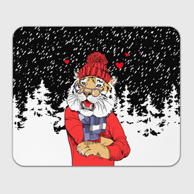 Прямоугольный коврик для мышки с принтом Тигр в красном в Белгороде, натуральный каучук | размер 230 х 185 мм; запечатка лицевой стороны | 2022 | fir forest | happy new year | hearts | merry christmas | red hat | santa claus | scarf | snow | tiger | year of the tiger | год тигра | еловый лес | красная шапка | новый год | очки | рождество | санта клаус | сердца | снег | тигр | шарф