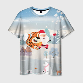Мужская футболка 3D с принтом Санта и тигр делают сэлфи в Белгороде, 100% полиэфир | прямой крой, круглый вырез горловины, длина до линии бедер | 2022 | год тигра | новый год | новый год 2022 | символ года | тигр | тигренок | тигрица | тигры