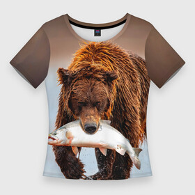 Женская футболка 3D Slim с принтом Медведь с рыбой во рту в Белгороде,  |  | bear | дикие | животные | звери | лес | медведь | мишка | природа | русская рыбалка | рыба