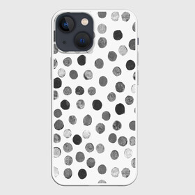 Чехол для iPhone 13 mini с принтом Кружочки на белом фоне в Белгороде,  |  | белое | горох | горошек | краска | круги | круглое | круглые | кружки | кружочки | мазки | орнамент | паттерн | принт | пятна | пятнышки | серое | узор | чб | чернобелое | черное