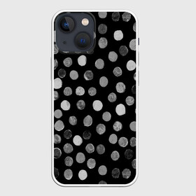 Чехол для iPhone 13 mini с принтом Кружочки на черном фоне в Белгороде,  |  | белое | горох | горошек | краска | круги | круглое | круглые | кружки | кружочки | мазки | орнамент | паттерн | принт | пятна | пятнышки | серое | узор | чб | чернобелое | черное