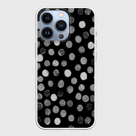 Чехол для iPhone 13 Pro с принтом Кружочки на черном фоне в Белгороде,  |  | белое | горох | горошек | краска | круги | круглое | круглые | кружки | кружочки | мазки | орнамент | паттерн | принт | пятна | пятнышки | серое | узор | чб | чернобелое | черное