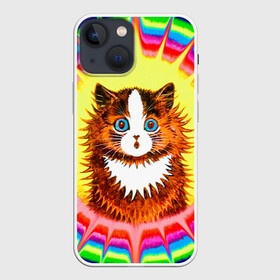 Чехол для iPhone 13 mini с принтом Psychedelic Rainbow Cat в Белгороде,  |  | Тематика изображения на принте: benedict cumberbatch | louis wain | louis wains cats | psychedelic rainbow cat | the electrical life | антропоморфный | бенедикт камбербэтч | известный художник | кошачьи миры луиса уэйна | луис вэйн | луис уэйн | радуга | радужный кот