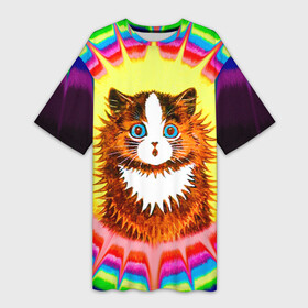 Платье-футболка 3D с принтом Psychedelic Rainbow Cat в Белгороде,  |  | benedict cumberbatch | louis wain | louis wains cats | psychedelic rainbow cat | the electrical life | антропоморфный | бенедикт камбербэтч | известный художник | кошачьи миры луиса уэйна | луис вэйн | луис уэйн | радуга | радужный кот