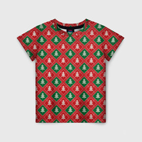 Детская футболка 3D с принтом Ёлочки (красно зелёные) в Белгороде, 100% гипоаллергенный полиэфир | прямой крой, круглый вырез горловины, длина до линии бедер, чуть спущенное плечо, ткань немного тянется | merry christmas | бабушкин свитер | дед мороз | ёлка | елочные шары | новогодний подарок | новый год | подарок | природа | рождество | свитер | свитер с ёлками | снежинки